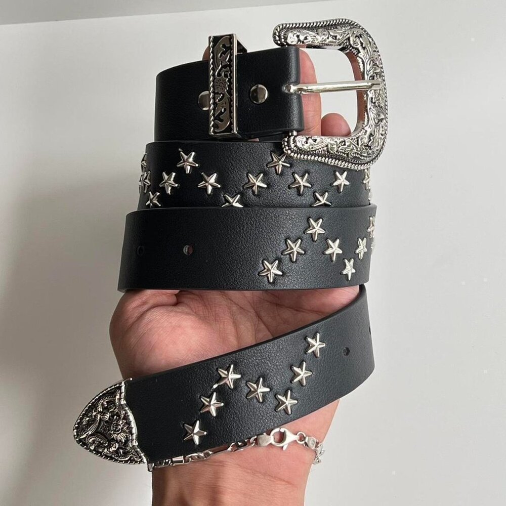 Black Star-Stud Western Leather Belt